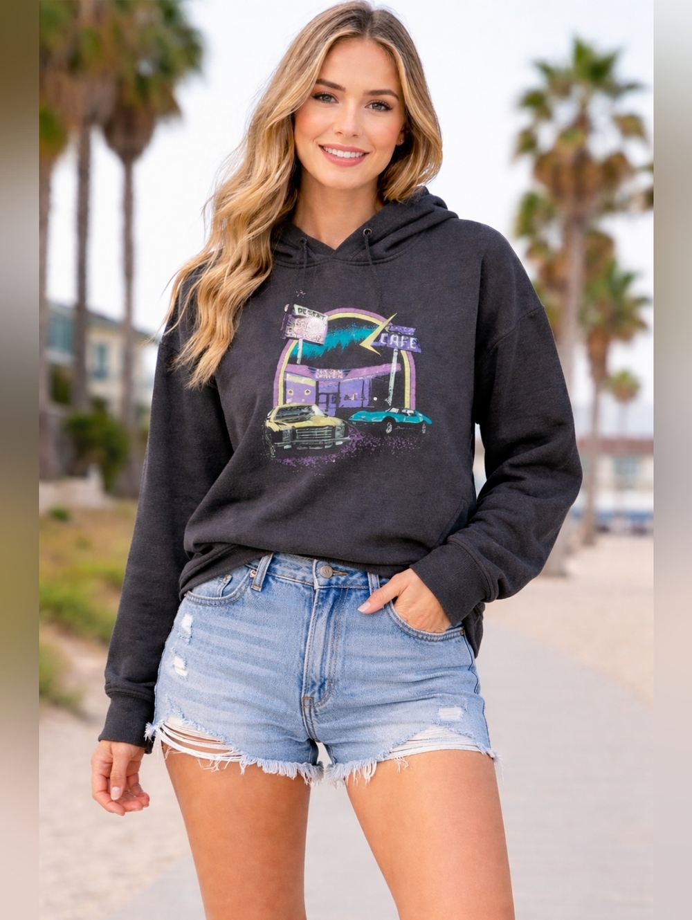 GM Women Sweatshirt Dark Gray Hoodie Classic Cars‎ Long Sleeve XL